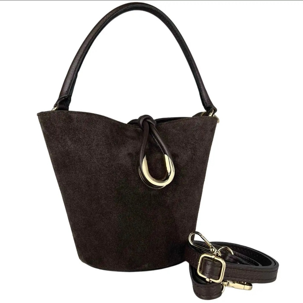 Luxurious Dark Brown Suede Bucket Bag with Gold Accents